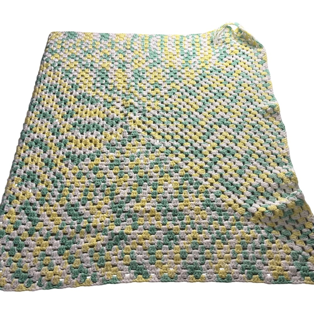 Handmade Crochet Baby Blanket Mint Green Yellow White Granny Square Afghan 32x36